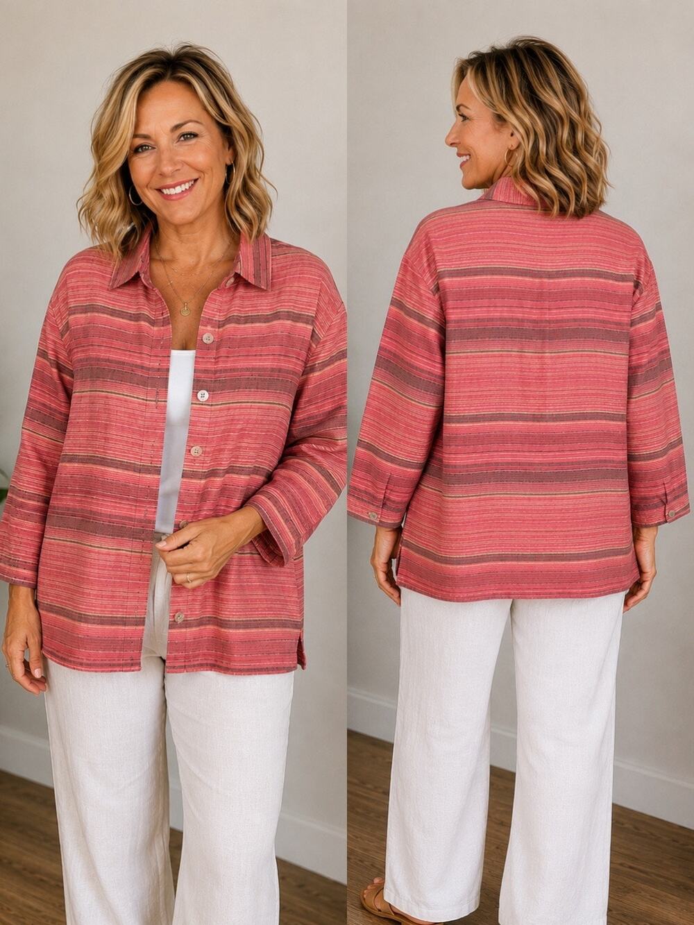 Linden Hill Cotton Linen Blend Shirt/ Jacket XL Coral Pink Striped Button Front
